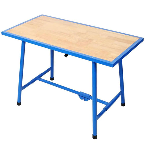 Heavy Duty Foldable Workbench Featuring Tough As Nails Steel Frame And Premium Wood Top, No Sweat Assembly For Garage Or Home Shop, 660 Lb Load Capacity, Blue with light wood top.