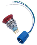 Stainless Steel 22mm Latching Emergency Stop Push Button Switch With 3A 12-220V Connection Plug and red button cap, side view