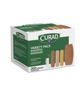 Assorted Adhesive Bandages With Four Sided Seal For Everyday Wound Care In A 200 Count Variety Pack box showing different bandages