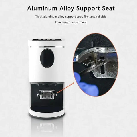 Premium 58Mm Electric Espresso Tamper Featuring Sturdy Adjustable Aluminum Base Hella Smooth Coffee Tamping Tool For Quick Barista Shots In Sleek Black with visible aluminum alloy support seat.