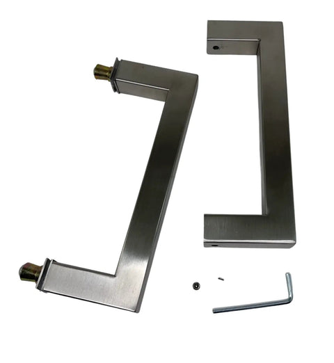 Slick Six Inch Nickel Shower Door Handle For Glass Doors Kickass Heavy Duty Stainless Steel Grip With Straightforward Install Kit, showing two handles and installation hardware.