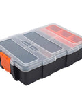 All Purpose Tool Parts Box With Removable Tray And 10 Plus Compartments Plastic Storage Case For Nails Screws Nuts Bolts Home DIY Organizer Waterproof Durable Box For Workshop And Garage with clear lid and orange latch