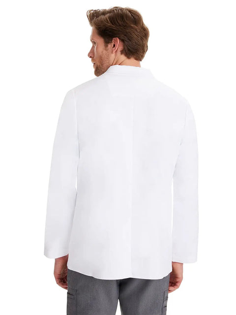 Back view of short white lab coat with five pockets soft two way stretch fabric all day comfort for nurses clinicians and medical pros