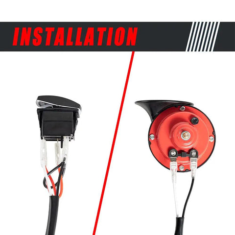 Installation view of 12V UTV Horn Kit With Blue Rocker Switch For Polaris RZR Ranger General Arctic Cat Wildcat Kawasaki Teryx Yamaha Rhino