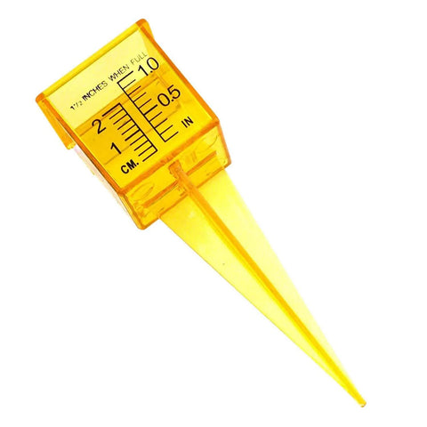 Close-up of Ten Pack 1.5 Inch Rain Gauge And Sprinkler Gauge Wide Mouth Outdoor Water Measurement Tool, yellow, clear housing