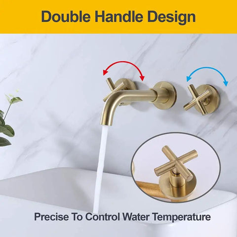 Wall Mounted Brushed Gold Bathroom Sink Faucet With Solid Brass Construction 360 Swivel Tub Spout Double Cross Handles Rough In Valve Included Lavatory Basin Mixer For Home And Hotel Sinks with water flow.