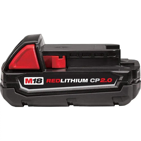 Side view of Red Lithium 2.0 Compact Battery Pack CP2.0 for M18 Tools showing black and red design
