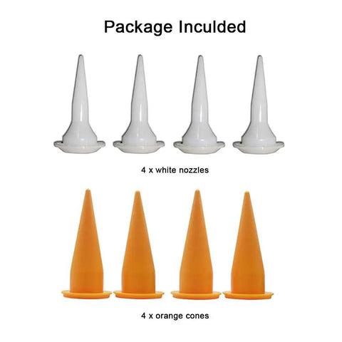 Package of 4 white nozzles and 4 orange cones for 18:1 Manual Sausage Caulking Gun, 20 Oz Capacity, 600ml Bulk Tube