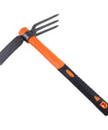 Dual Head Garden Rake Hoe With Heavy Duty Forged Adze And Ergonomic Non Slip Handle For Loosening Soil Gardening Projects Camping And Outdoor Use 39mm 15 Inch showing side view of orange black handle and dual-function head.