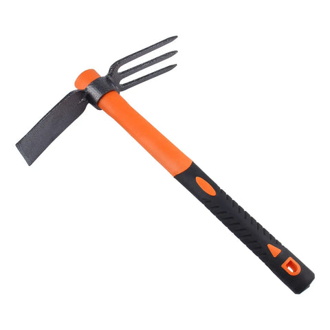 Dual Head Garden Rake Hoe With Heavy Duty Forged Adze And Ergonomic Non Slip Handle For Loosening Soil Gardening Projects Camping And Outdoor Use 39mm 15 Inch showing side view of orange black handle and dual-function head.