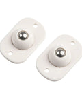 Two white slick rolling ball casters for plastic storage boxes and totes with durable build for easy mounting.