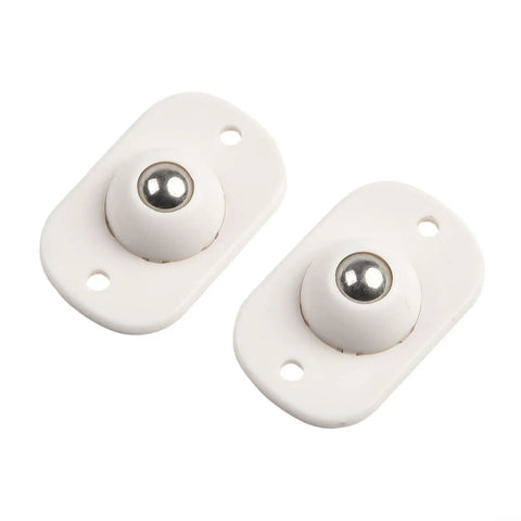 Two white slick rolling ball casters for plastic storage boxes and totes with durable build for easy mounting.