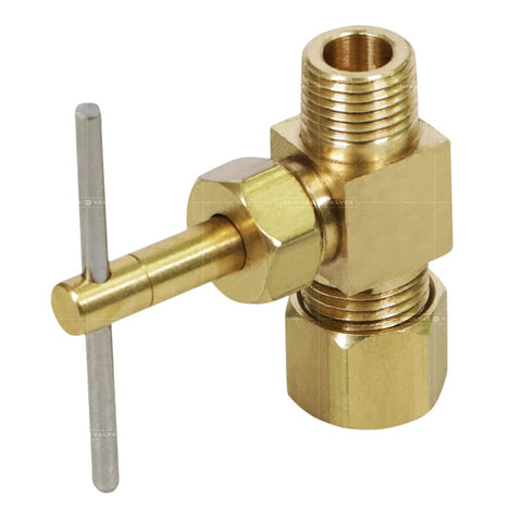 Brass lead-free needle valve, 1/4 in compression x 1/8 in MIP, straight with T-handle, front view