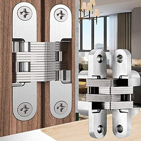 Hidden Door Hinge Set Stainless Steel Hidden Barrel for Wooden Doors and Cabinets Silver Finish 1 Pair shown installed on door