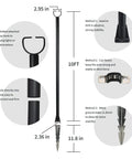 Diagram showing Heavy Duty Outdoor String Light Poles 10 Ft 3 In 1 Kit with dimensions, hooks, clamps, and ground stake.