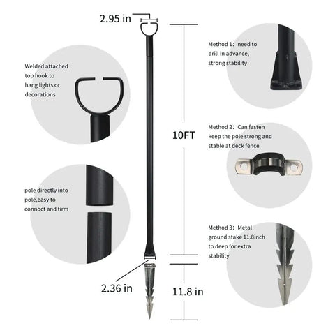 Diagram showing Heavy Duty Outdoor String Light Poles 10 Ft 3 In 1 Kit with dimensions, hooks, clamps, and ground stake.