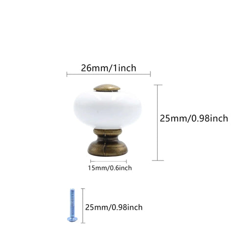 Ceramic Round Knob Set One Inch White And Antique Brass Cabinet Hardware with measurements for drawers and doors.