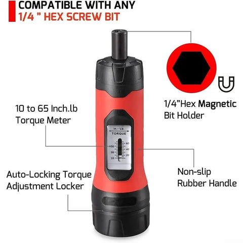 Premium 1/4 Inch Drive Preset Torque Screwdriver Set Adjustable 10-65 In-Lbs showing torque meter and non-slip handle.