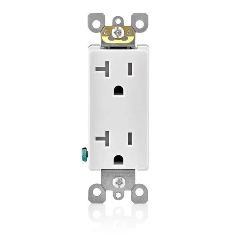 Tamper Resistant Duplex Electrical Wall Outlet 20 Amp White Decora Style With Shuttered Receptacle T5825 W front view