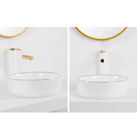 Built Tough Rectangular Ceramic Vessel Sink For Modern Bathroom Vanities Above Counter Wash Basin with gold accents.