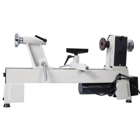 Top Shelf Benchtop Wood Lathe Machine Packing A Beefy 3/4 Horsepower Motor With Sweet 650 To 3800 RPM Adjustments, Generous 12 Inch Swings And Roomy 18 Inch Reach For Serious Woodturners side view showing main body and motor.