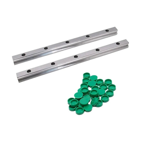 High Precision Metal Linear Motion Guide Rails Pair HGR15 smooth operator carriages with green plastic spacers for CNC and DIY.