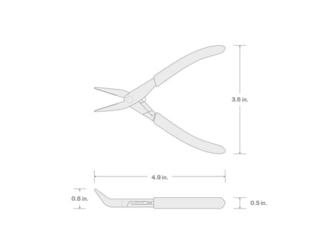 Diagram of Super Handy Mini Forty Five Degree Long Nose Pliers, 4.9 inches long with 0.8-inch bent tip, showcasing dimensions.