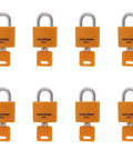 Set Of Eight 30mm Aluminum Weatherproof Padlocks Keyed Alike With Vinyl Covered Bodies Double Locking For Sheds Storage Units Gym Lockers Toolboxes Outdoor Use Built Tough For Rain Sun And All Weather, displayed on white background.