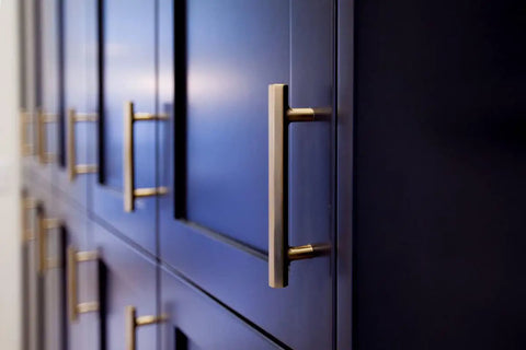 Modern Hexagon Appliance Pull, 12 Inch Center To Center, Polished Nickel Finish, Urban Modern Collection on dark cabinets.
