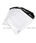 White Plastic Mailing Bags Pack Heavy Duty Self Seal Envelopes Lightweight Yet Thick And Durable Weatherproof For Clothes Shipping A Real Workhorse For Couriers And Online Sellers showing size dimensions 5.5 in by 10.22 in