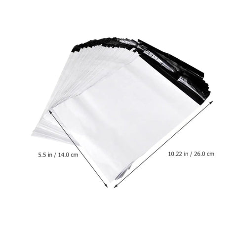 White Plastic Mailing Bags Pack Heavy Duty Self Seal Envelopes Lightweight Yet Thick And Durable Weatherproof For Clothes Shipping A Real Workhorse For Couriers And Online Sellers showing size dimensions 5.5 in by 10.22 in