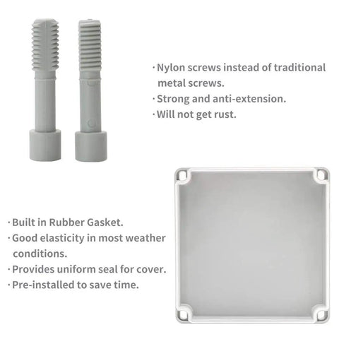 Tough As Nails Outdoor Weatherproof Electrical Box Grey IP67 ABS Plastic Case with built-in gasket and nylon screws, side items shown
