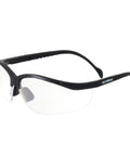 Real Deal ANSI Z87 Certified Safety Glasses featuring impact resistant anti fog and scratch resistant polycarbonate lenses in black frame.