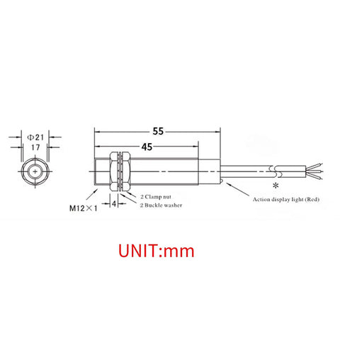 Technical diagram of NJK-5002C Hall Effect Proximity Sensor NPN NO 3 Wire DC 6-36V with dimensions in millimeters