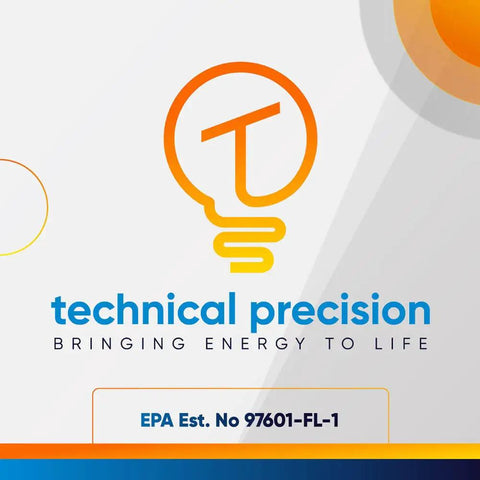 Technical Precision logo with tagline 'Bringing Energy to Life' and EPA Est. No 97601-FL-1 in blue and orange gradient design.