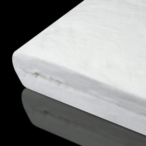 Close-up of white ceramic fiber blanket, 12 in x 24 in x 2 in thick, fireproof insulation.