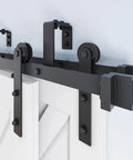 Close-up of Bypass Sliding Barn Door Hardware Kit For Four Doors Double Track 12 Foot Rail System With Junction Plates Spacers And Rollers