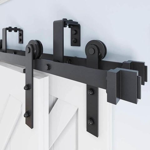 Close-up of 11 Foot Four Door Double Track Bypass Sliding Barn Door Hardware Kit For Farmhouse Interiors DIY Friendly Hardware Doors Not Included