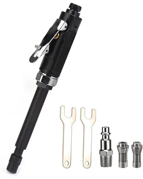 Heavy Duty Pneumatic Grinder With Extended Shaft Cracks Open Stubborn Recesses Like A Gangbuster 22000 Rpm Air Powered Grinding Tool with collet attachments.
