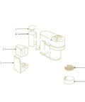 Diagram of a water tank cover accessory for capsule coffee machines illustrating components and installation compatible with Vertuo Pop