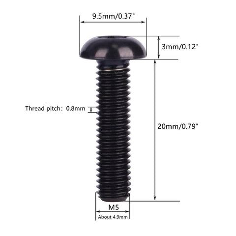 Titanium Water Bottle Cage Bolts Torx M5x20mm Set Of 10 Black Gr5 Bike Screws Close-Up with Measurements