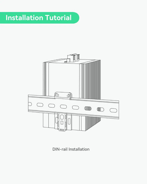 Diagram showing DIN-rail installation of Industrial 16 Port Full Gigabit L3 Managed PoE Switch With Four 10G SFP Uplinks And A 370W PoE Budget.