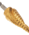 Impact Ready Titanium Nitride Step Drill Bit 3/16 To 7/8 Inch With 2 Flute Spiral Split Point For Fast Start Laser Engraved Size Markings