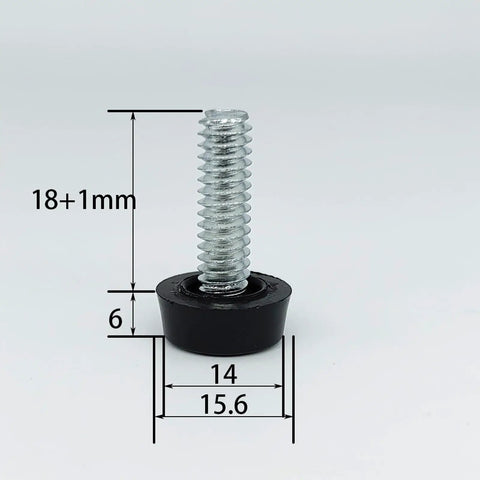 Screw In Threaded Leveling Foot Set, One Quarter Inch By Twenty Threads Per Inch, shown with measurements, black base