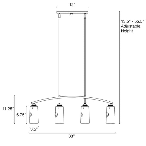 Dimensions diagram for Arched 4 Light Kitchen Island Pendant With Seeded Glass Shades In Cool Brass Finish For Modern Farmhouse Kitchens.