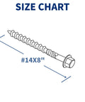 Real Deal Heavy Hitter 8 Inch Lag Screws 50 Pack size chart showing #14 x 8 inch hex washer head fastener design.