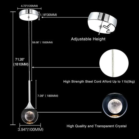 Diagram of Lit Globe Crystal Pendant Light With 5W LED Dimmable Stepless Brightness Modern Hanging Fixture dimensions and materials