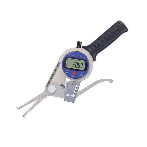 Horett Digital Dial Caliper 8 to 28mm Hole and Groove Depth Gauge showing a stainless steel design with an LCD display.