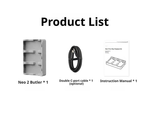 Product contents: Neo 2 Butler, Double C-port cable, Neo 2 Drone Battery Charging Hub instruction manual