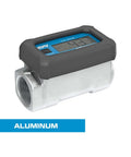 Aluminum Body Turbine Fuel Flow Meter With Battery Powered Digital Display Reads 3 To 30 GPM, side view showing LCD screen.